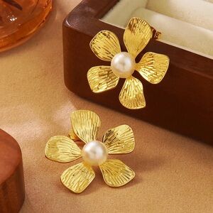 Gold Flower Pearl-Accent Stainless Steel Earrings